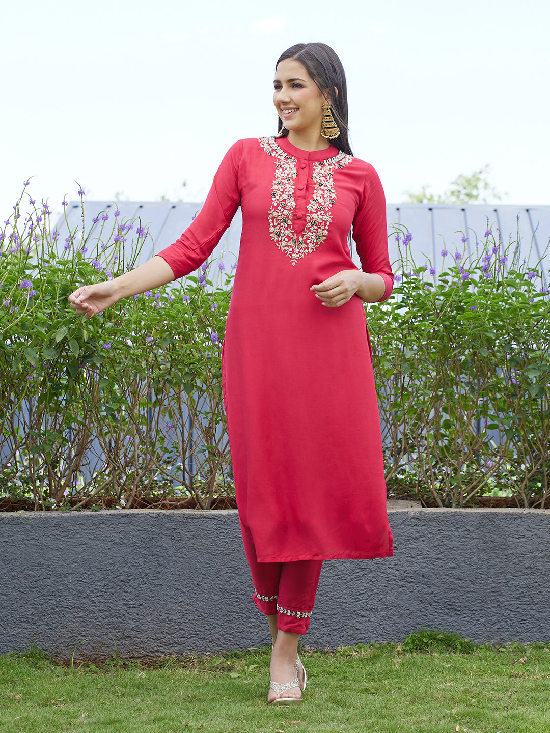 Powder Red Embroidered Suit - Adizya